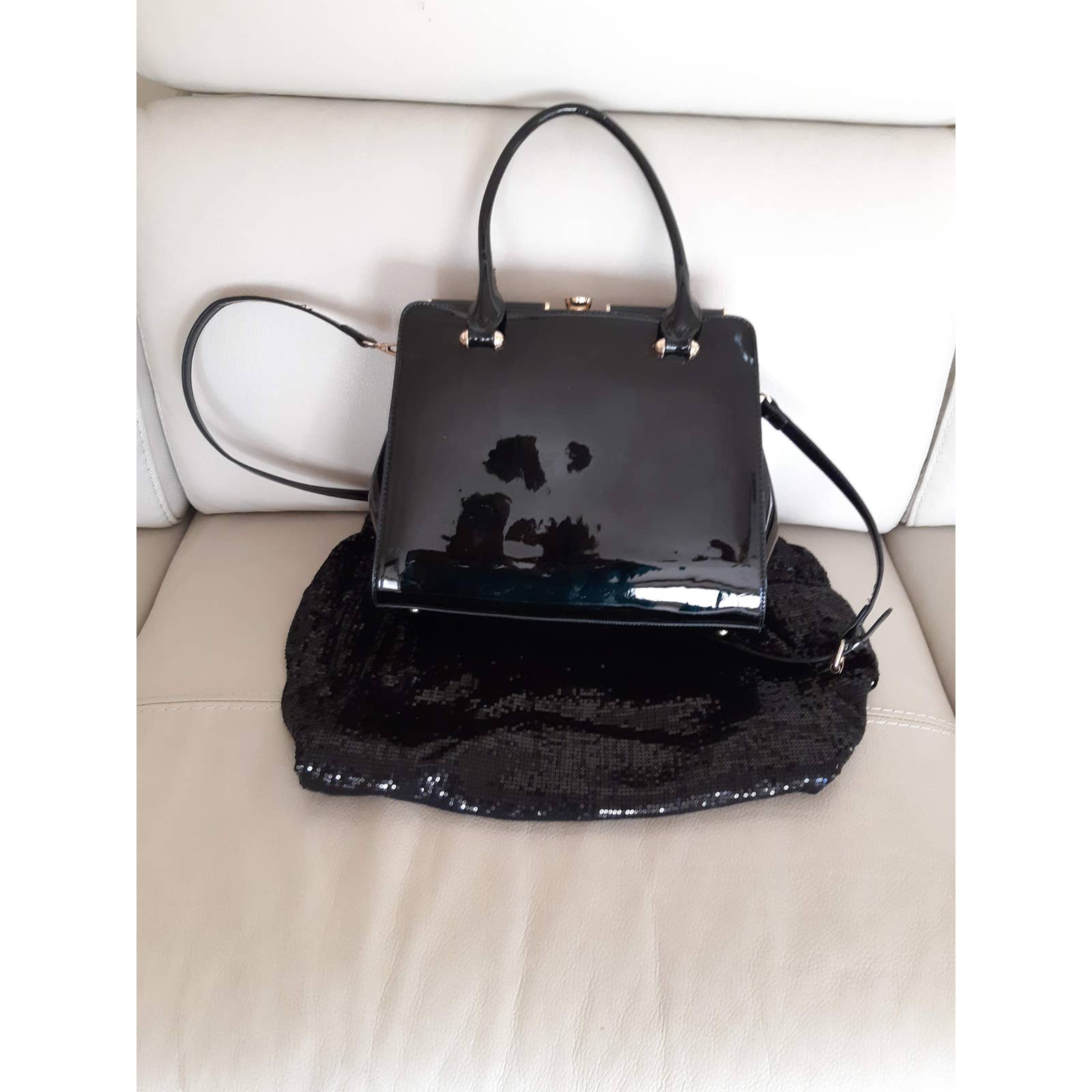 Black Suede Patent Leather Purse W/ Gold